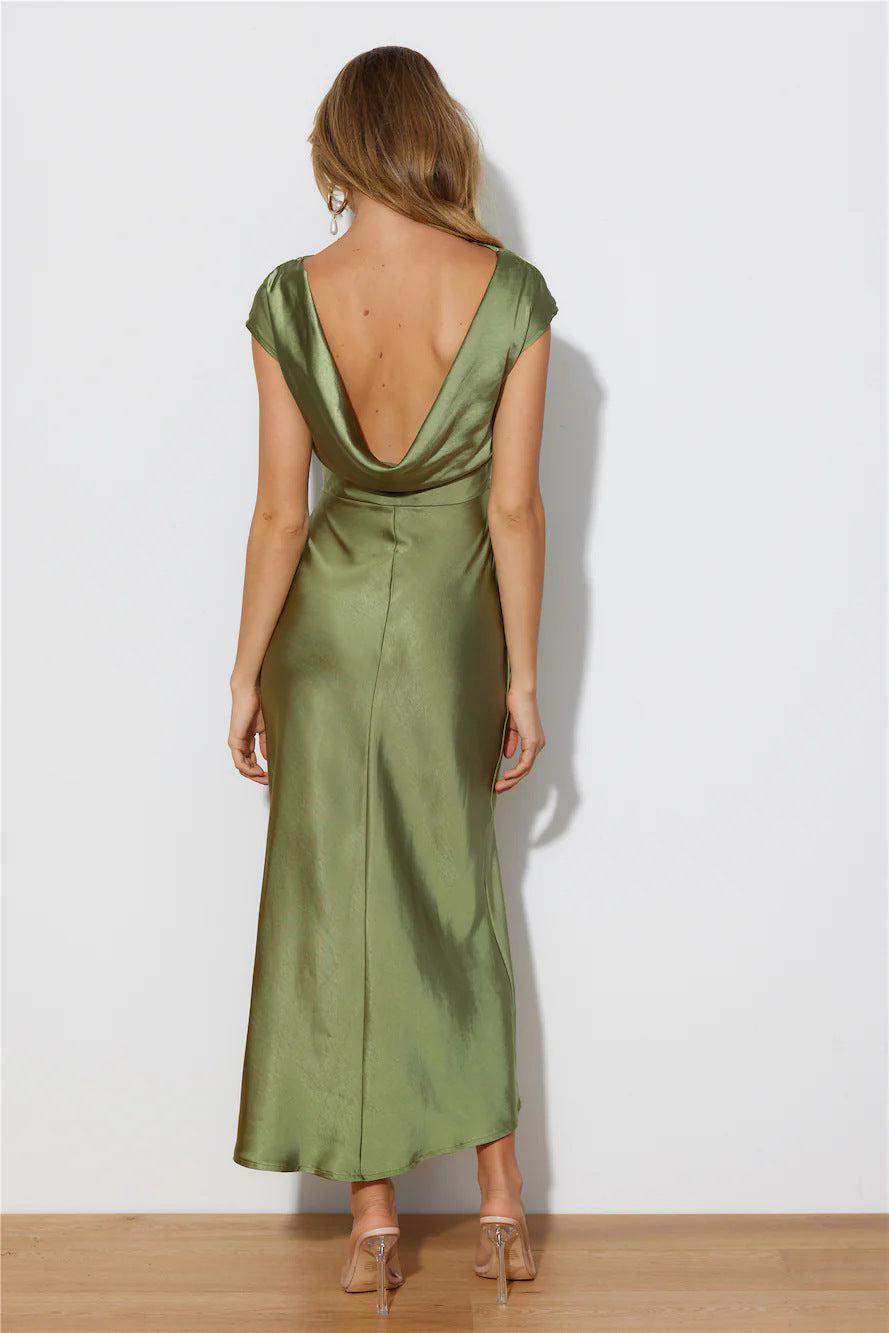 European and American Cross-Border Women's Clothing New Solid Color High-End Satin Slim One-Shoulder Sexy Backless Fishtail Dress