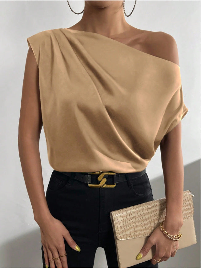 2026 Spring Solid Color Satin Imitation Silk Irregular Off-Shoulder One-Neck Pullover Sleeveless Shirt for Women European and American Fashion