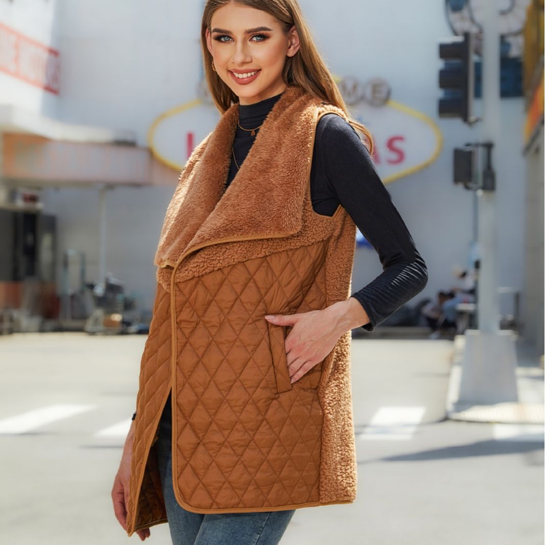 2023 Flash Velvet European and American Women's Autumn New Fashion All-match Plush Stitching Cardigan Sleeveless Jacket Vest Women