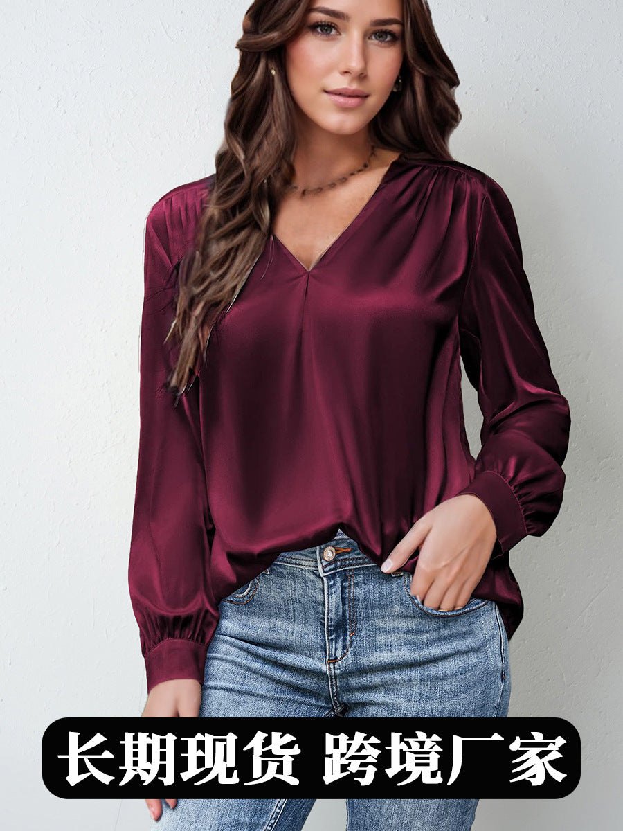 2026 Amazon Hot-Selling Women's Clothing Satin Pleated Long-Sleeve Top V-Neck Casual Loose Satin Commuter Shirt