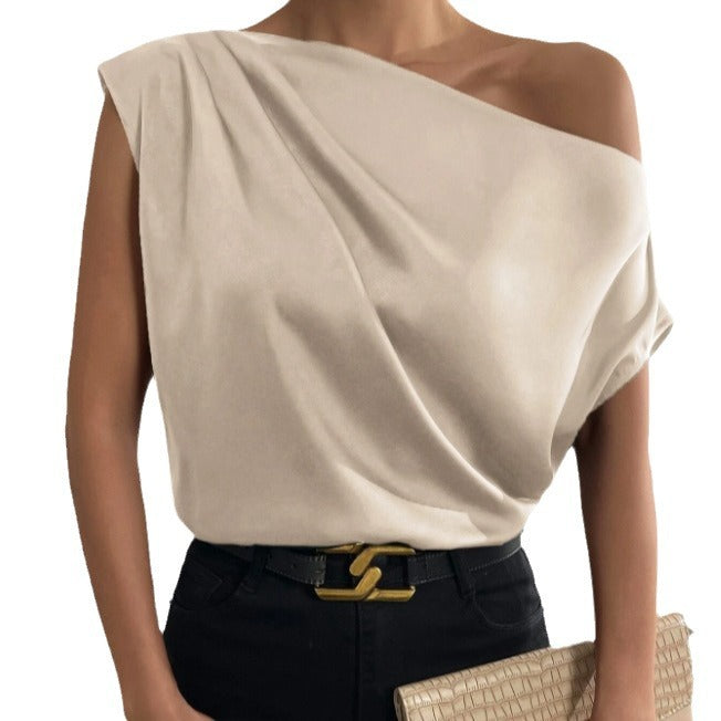 2026 Spring Solid Color Satin Imitation Silk Irregular Off-Shoulder One-Neck Pullover Sleeveless Shirt for Women European and American Fashion