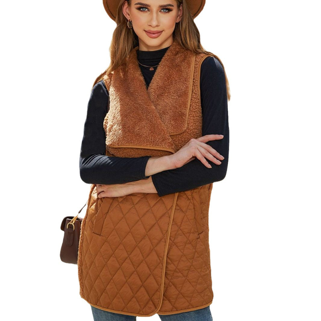 2023 Flash Velvet European and American Women's Autumn New Fashion All-match Plush Stitching Cardigan Sleeveless Jacket Vest Women