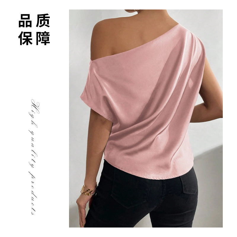 2026 Spring Solid Color Satin Imitation Silk Irregular Off-Shoulder One-Neck Pullover Sleeveless Shirt for Women European and American Fashion
