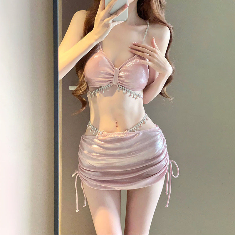 2025 New Bikini Swimsuit Female Sexy Three-Piece Set Rhinestone High-End Split Seaside Resort Hot Spring Swimsuit