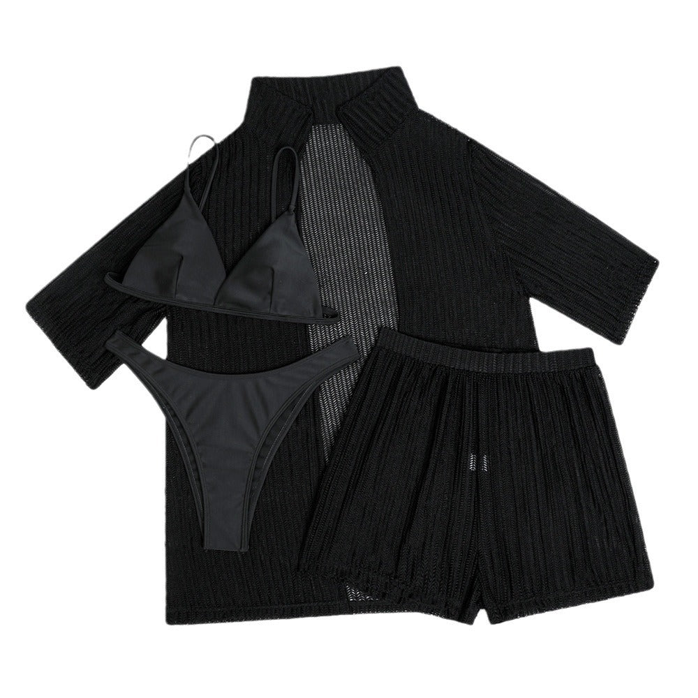 2025 European and American Pure Color New Beach Sun Protection Mesh Shirt Shorts Four-Piece Swimsuit Swimsuit Cross-Border Export