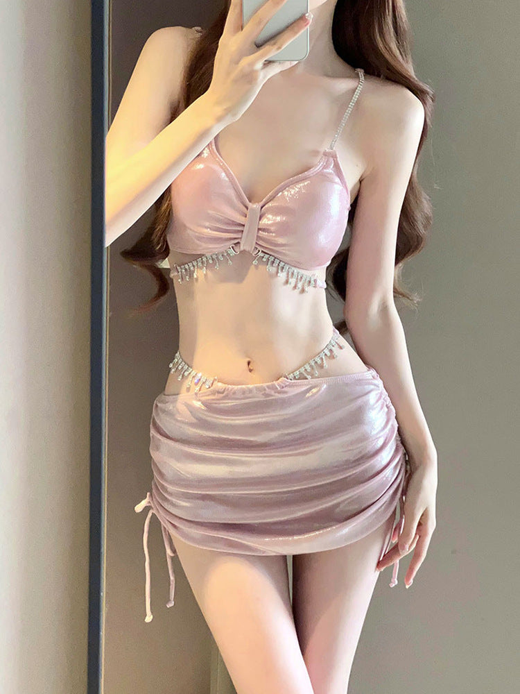 2025 New Bikini Swimsuit Female Sexy Three-Piece Set Rhinestone High-End Split Seaside Resort Hot Spring Swimsuit