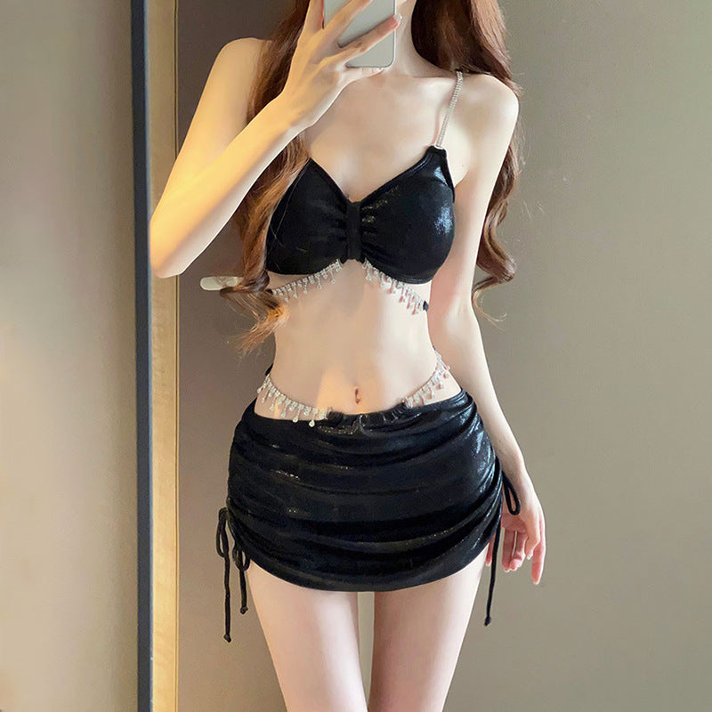 2025 New Bikini Swimsuit Female Sexy Three-Piece Set Rhinestone High-End Split Seaside Resort Hot Spring Swimsuit