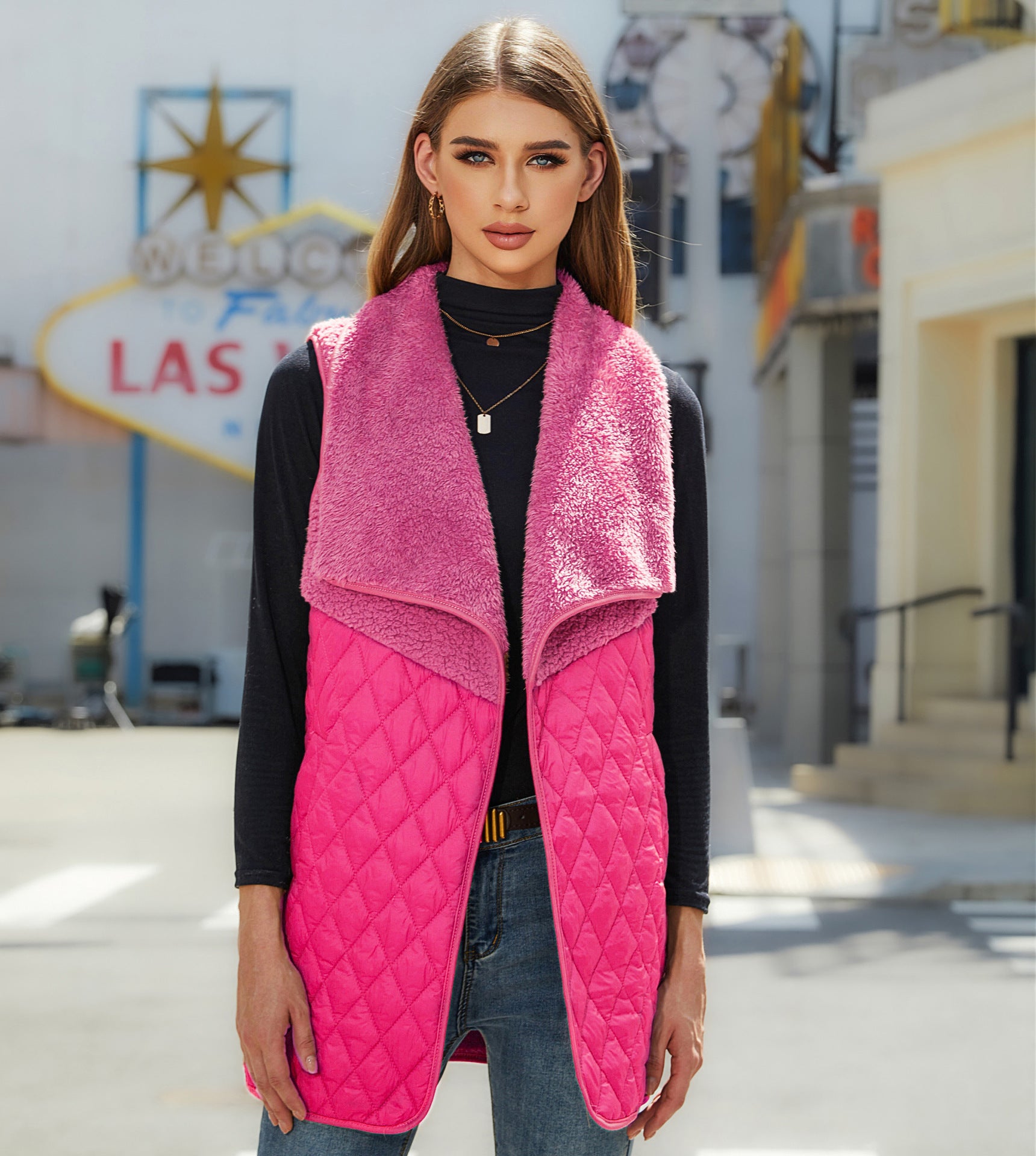 2023 Flash Velvet European and American Women's Autumn New Fashion All-match Plush Stitching Cardigan Sleeveless Jacket Vest Women