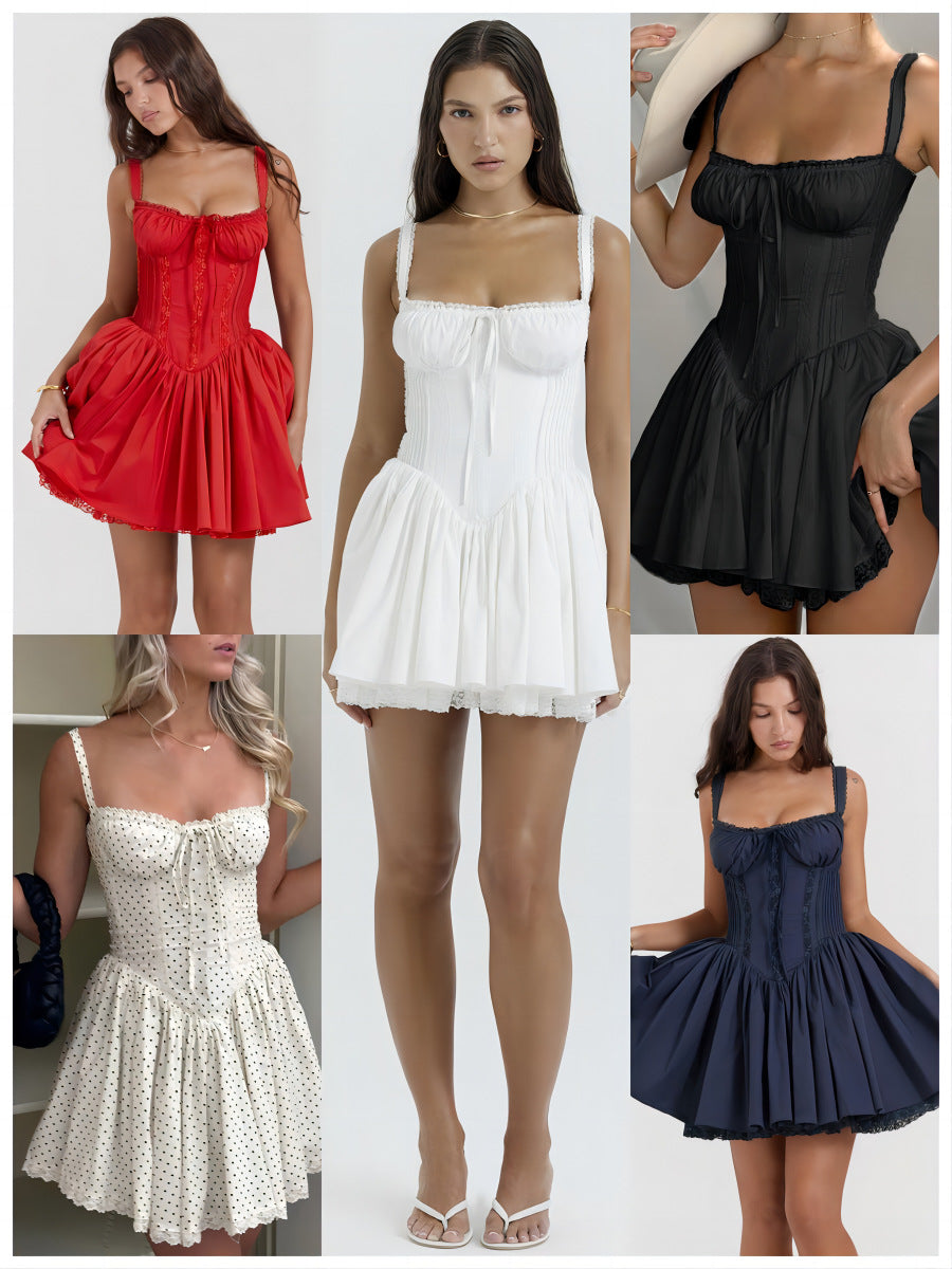 European and American sexy women's lace stitching suspender skirt tight waist backless small skirt pure desire style white dress women