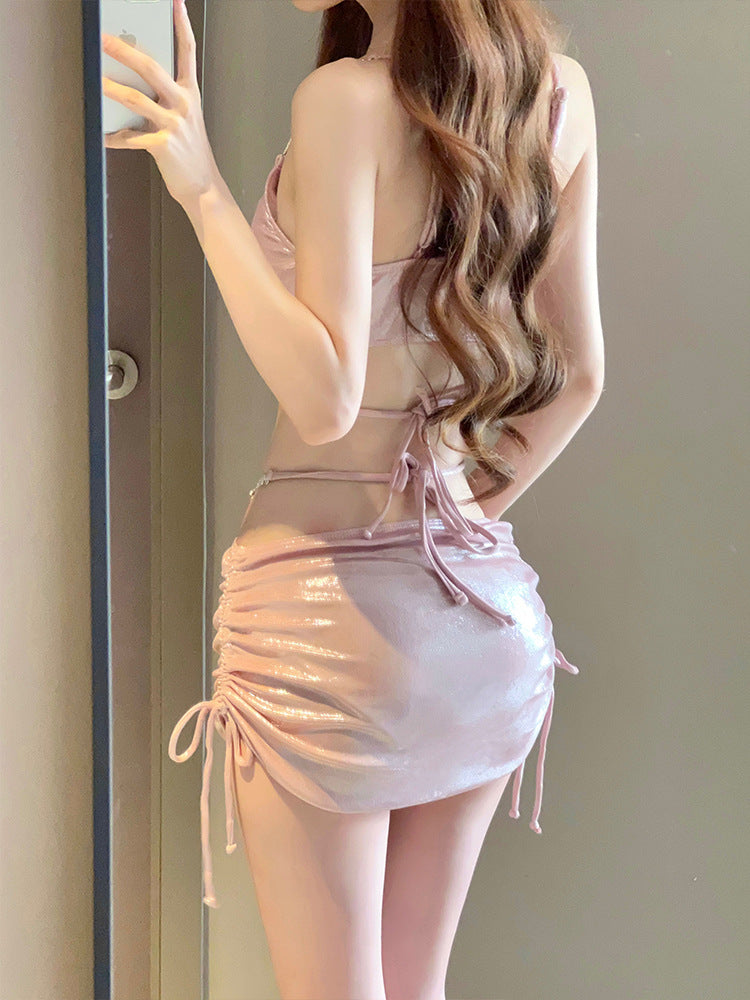 2025 New Bikini Swimsuit Female Sexy Three-Piece Set Rhinestone High-End Split Seaside Resort Hot Spring Swimsuit