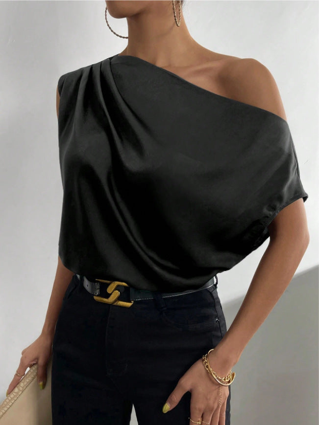 2026 Spring Solid Color Satin Imitation Silk Irregular Off-Shoulder One-Neck Pullover Sleeveless Shirt for Women European and American Fashion