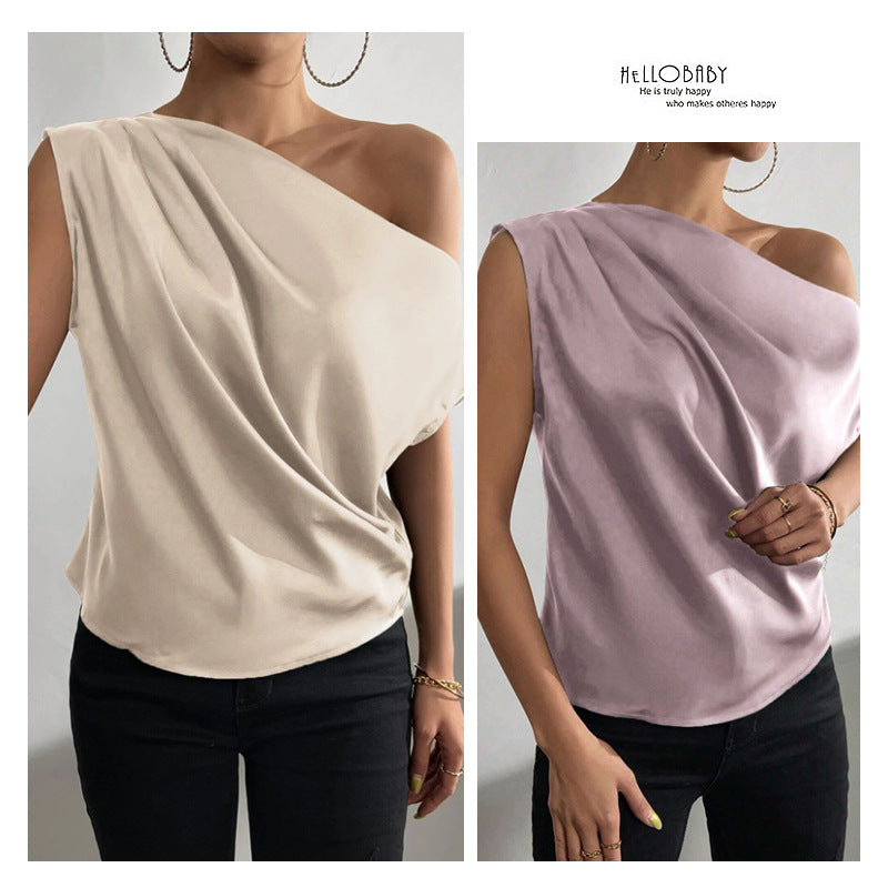 2026 Spring Solid Color Satin Imitation Silk Irregular Off-Shoulder One-Neck Pullover Sleeveless Shirt for Women European and American Fashion