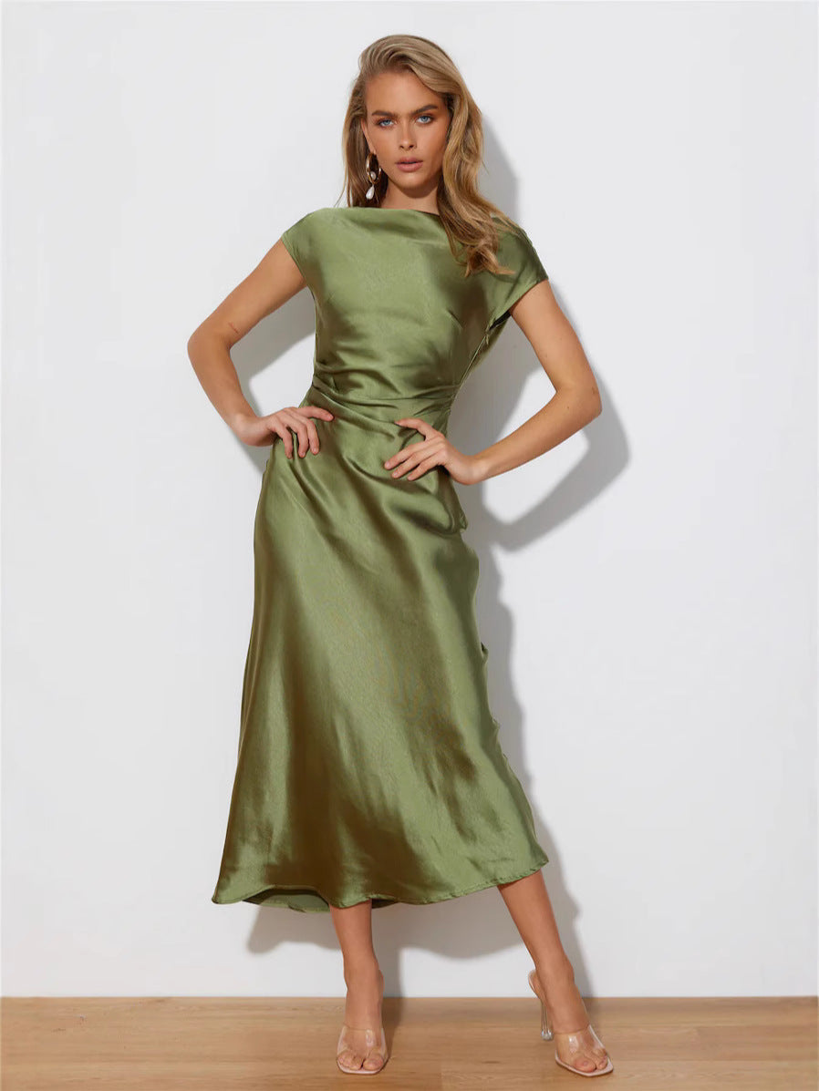 European and American Cross-Border Women's Clothing New Solid Color High-End Satin Slim One-Shoulder Sexy Backless Fishtail Dress
