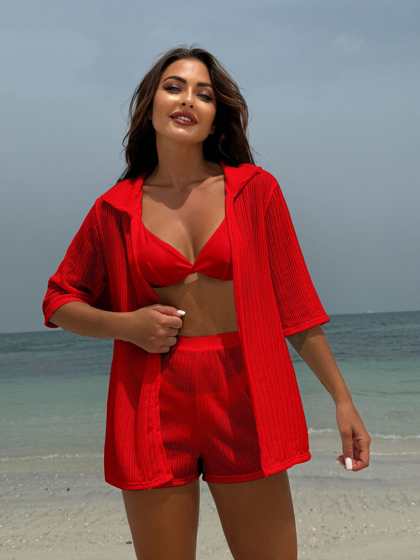 2025 European and American Pure Color New Beach Sun Protection Mesh Shirt Shorts Four-Piece Swimsuit Swimsuit Cross-Border Export
