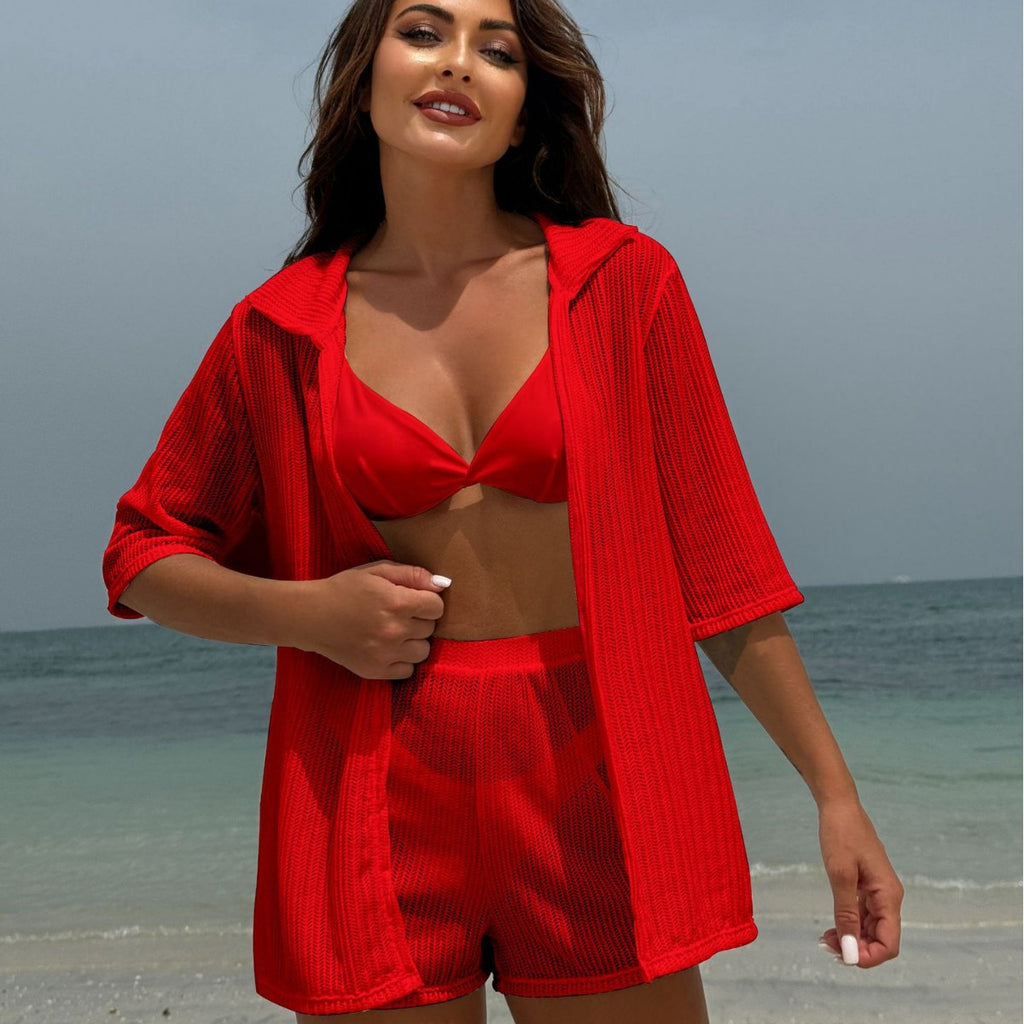2025 European and American Pure Color New Beach Sun Protection Mesh Shirt Shorts Four-Piece Swimsuit Swimsuit Cross-Border Export