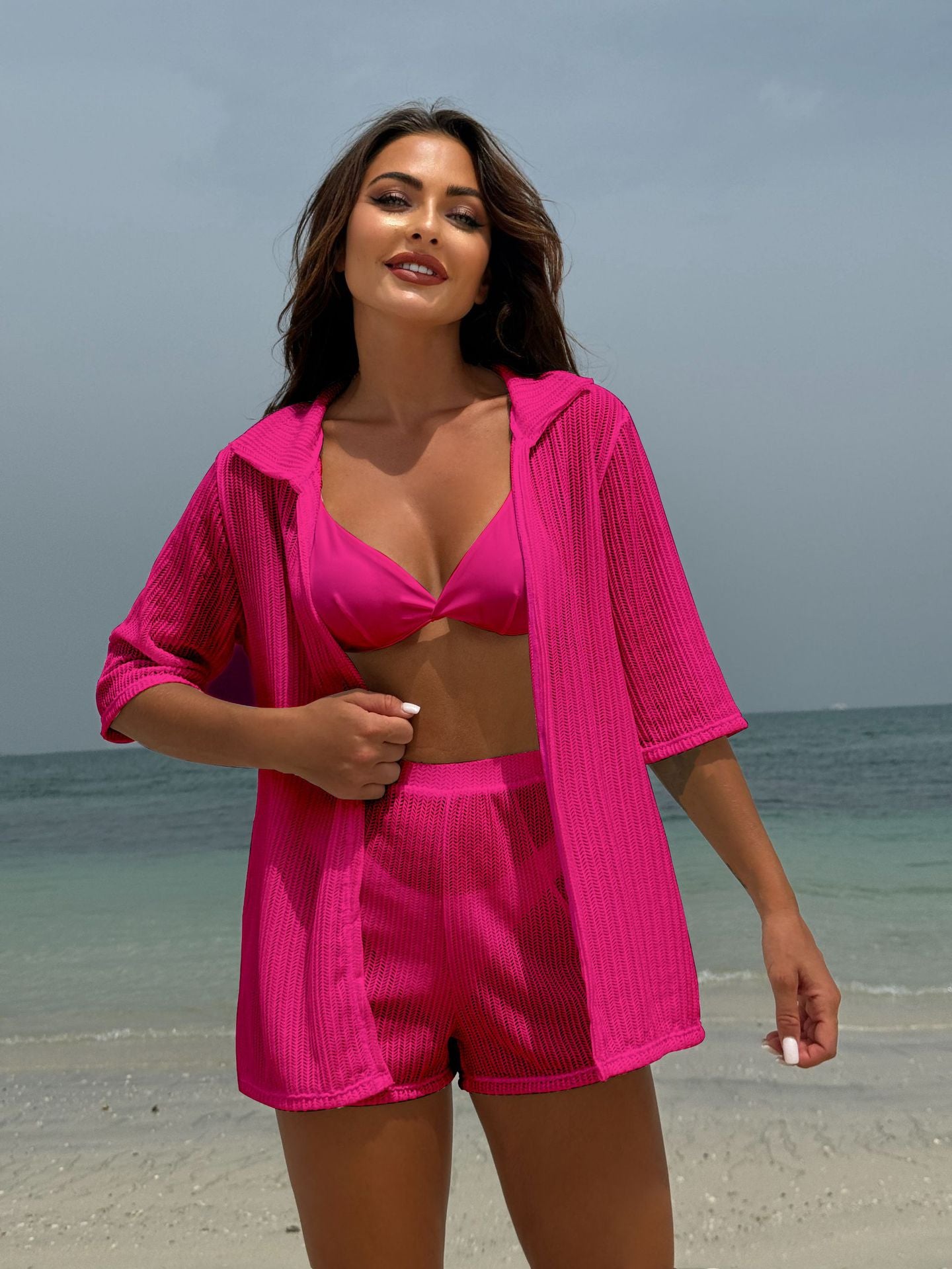 2025 European and American Pure Color New Beach Sun Protection Mesh Shirt Shorts Four-Piece Swimsuit Swimsuit Cross-Border Export