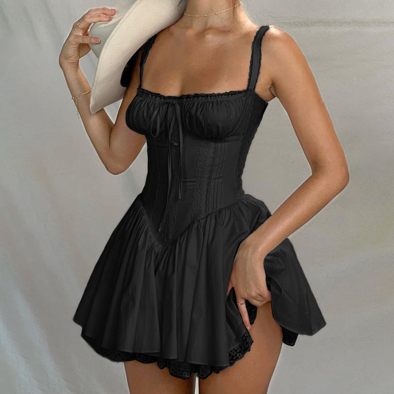 European and American sexy women's lace stitching suspender skirt tight waist backless small skirt pure desire style white dress women