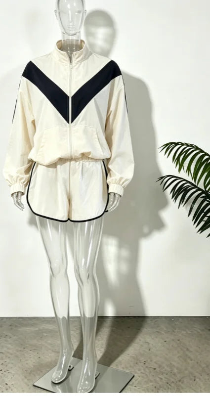 Women Nylon Panelled Lapel Long Sleeve Coats Shorts Sets  Street Zipper Ruched Loose Jacket Elastic Waist Shorts 2026 Chic Outfi