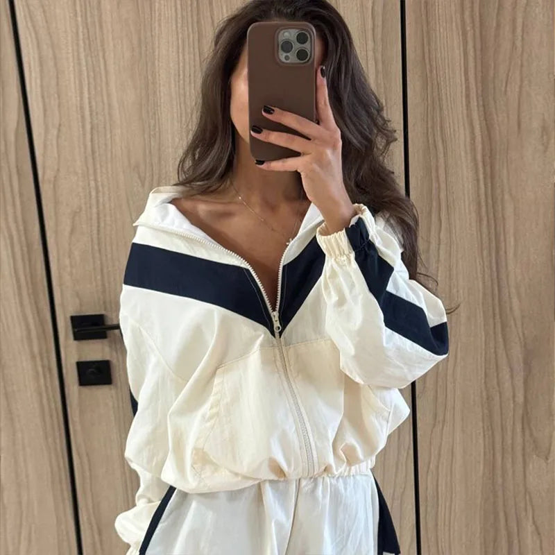 Women Nylon Panelled Lapel Long Sleeve Coats Shorts Sets  Street Zipper Ruched Loose Jacket Elastic Waist Shorts 2026 Chic Outfi