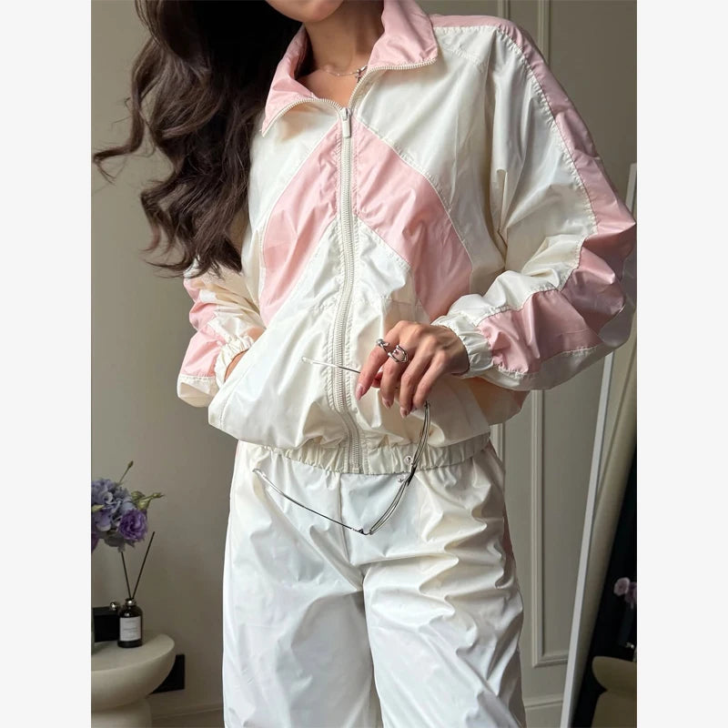 Women Nylon Panelled Lapel Long Sleeve Coats Shorts Sets  Street Zipper Ruched Loose Jacket Elastic Waist Shorts 2026 Chic Outfi