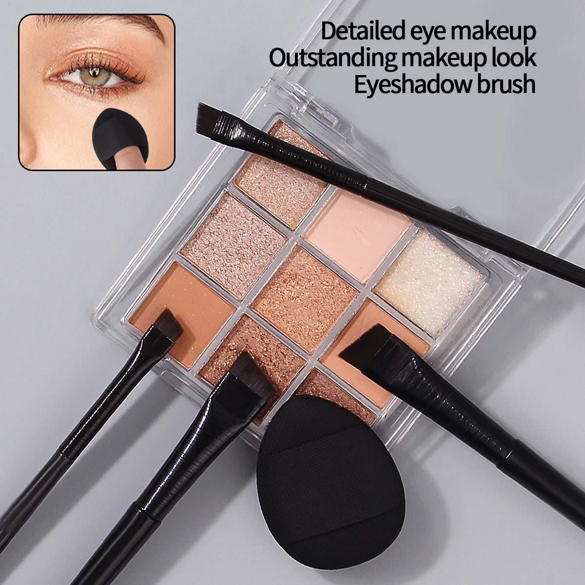 5PCS Practical Eye Makeup Tools: Fine Angled Blade Eyeliner Detail Brush & Soft and Non-Sticky Mini Powder Puff