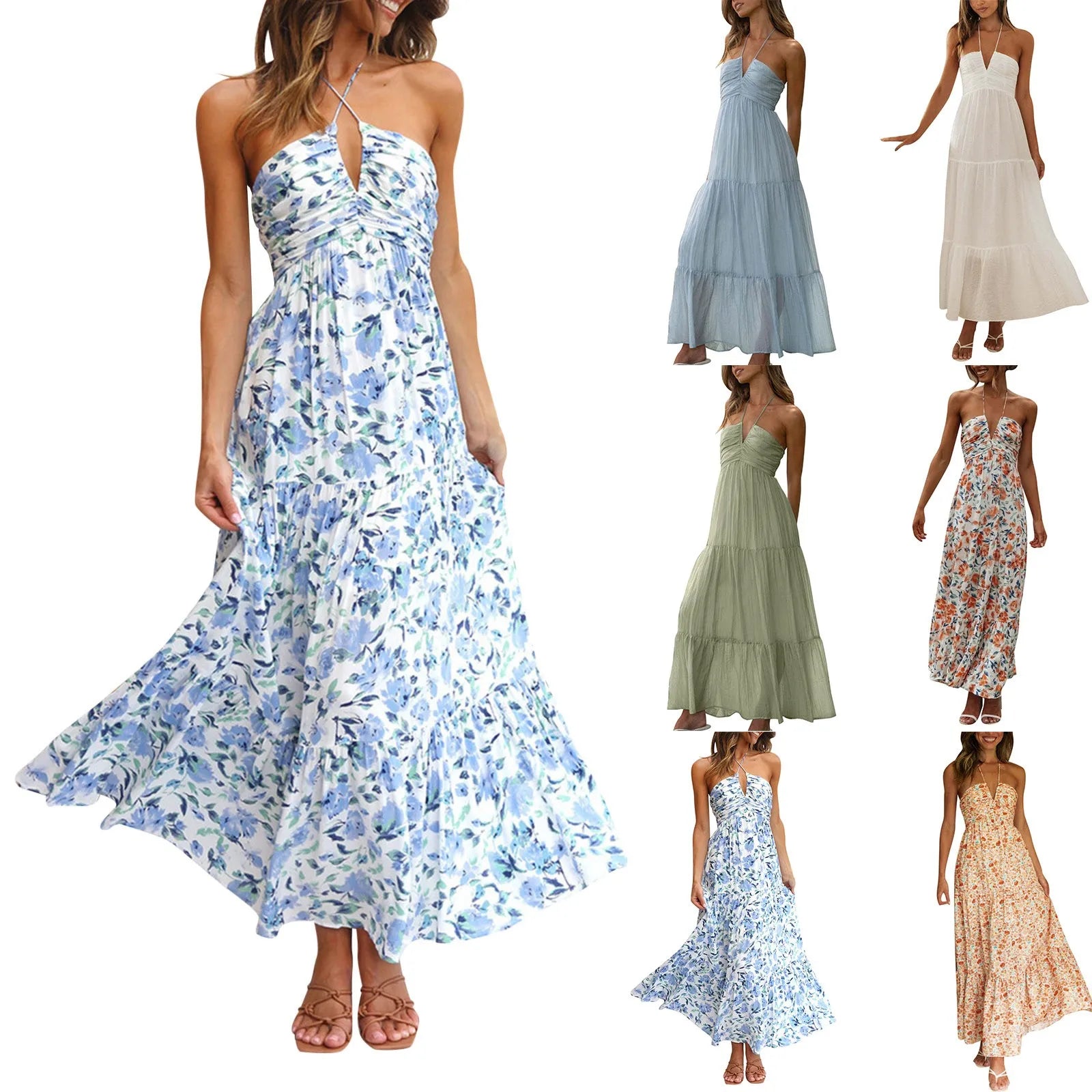 Summer Holiday Maxi Dress Women Spaghetti Strap V Neck Chic Sleeveless Floor Length Flowing Dresses Vacation Beach Long Dress