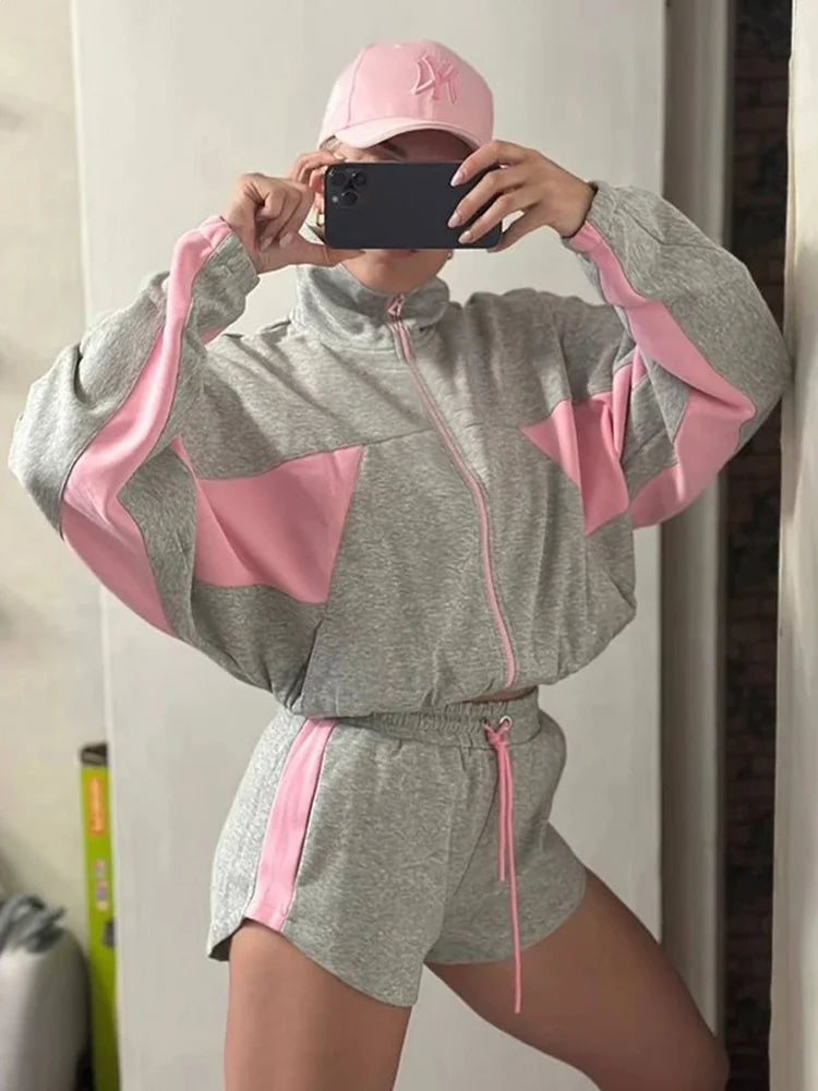 Women Nylon Panelled Lapel Long Sleeve Coats Shorts Sets  Street Zipper Ruched Loose Jacket Elastic Waist Shorts 2026 Chic Outfi