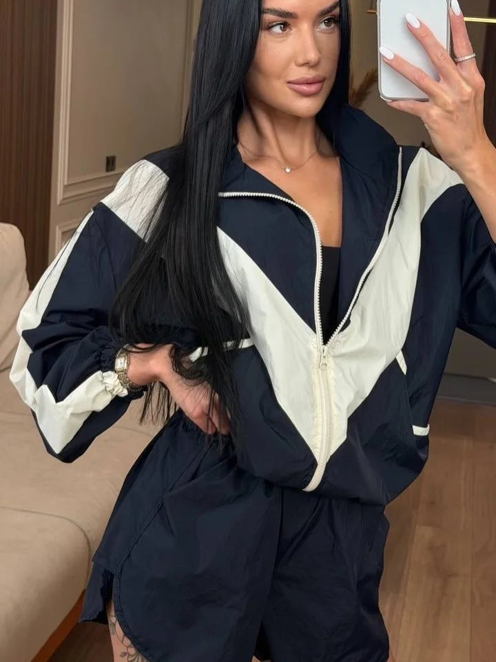 Women Nylon Panelled Lapel Long Sleeve Coats Shorts Sets  Street Zipper Ruched Loose Jacket Elastic Waist Shorts 2026 Chic Outfi