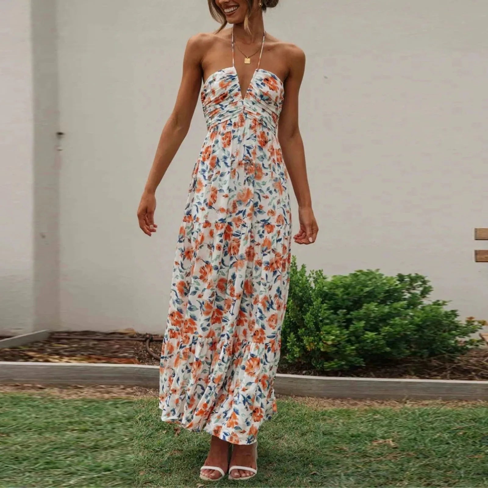 Summer Holiday Maxi Dress Women Spaghetti Strap V Neck Chic Sleeveless Floor Length Flowing Dresses Vacation Beach Long Dress