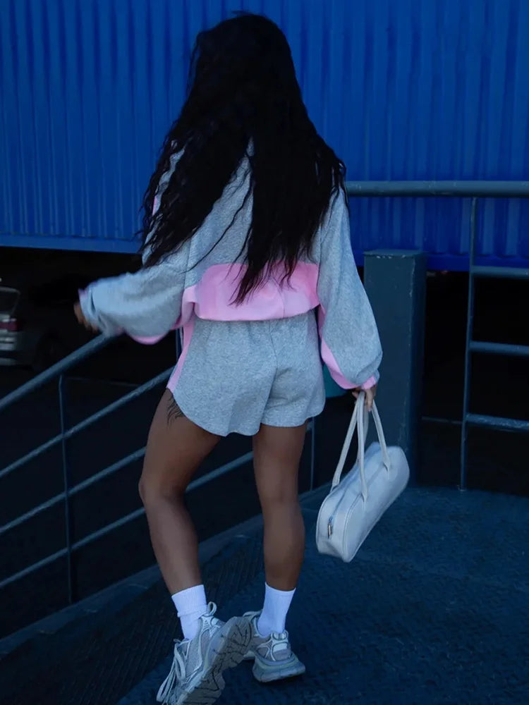Women Nylon Panelled Lapel Long Sleeve Coats Shorts Sets  Street Zipper Ruched Loose Jacket Elastic Waist Shorts 2026 Chic Outfi