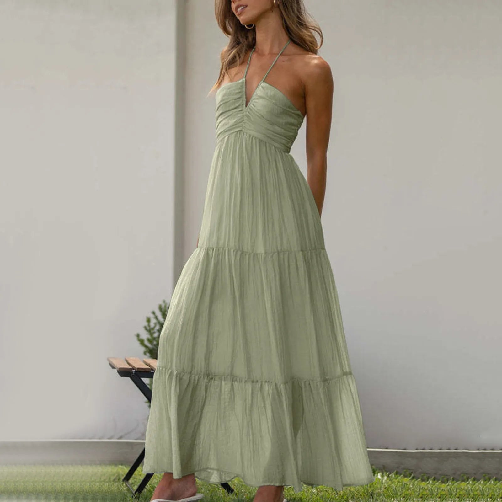 Summer Holiday Maxi Dress Women Spaghetti Strap V Neck Chic Sleeveless Floor Length Flowing Dresses Vacation Beach Long Dress
