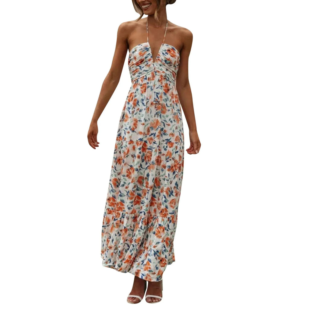Summer Holiday Maxi Dress Women Spaghetti Strap V Neck Chic Sleeveless Floor Length Flowing Dresses Vacation Beach Long Dress
