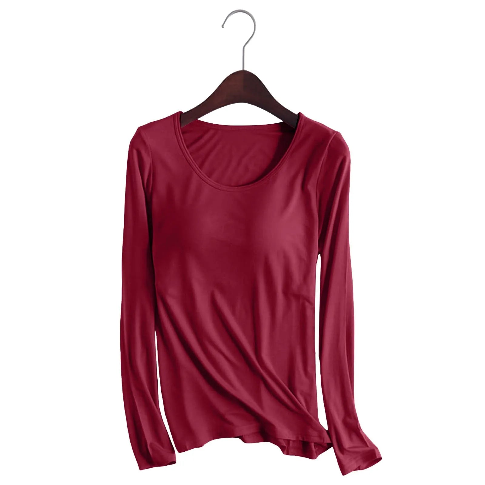 Women's Long Sleeve Bottoming T Shirt Yoga Pajama Top Chest Pad With Built In Bra Solid Color Cotton Long Sleeve Tee Shirts