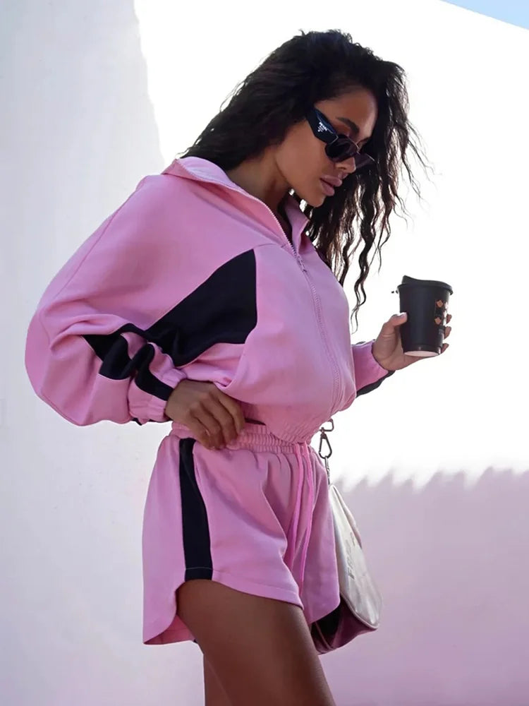 Women Nylon Panelled Lapel Long Sleeve Coats Shorts Sets  Street Zipper Ruched Loose Jacket Elastic Waist Shorts 2026 Chic Outfi