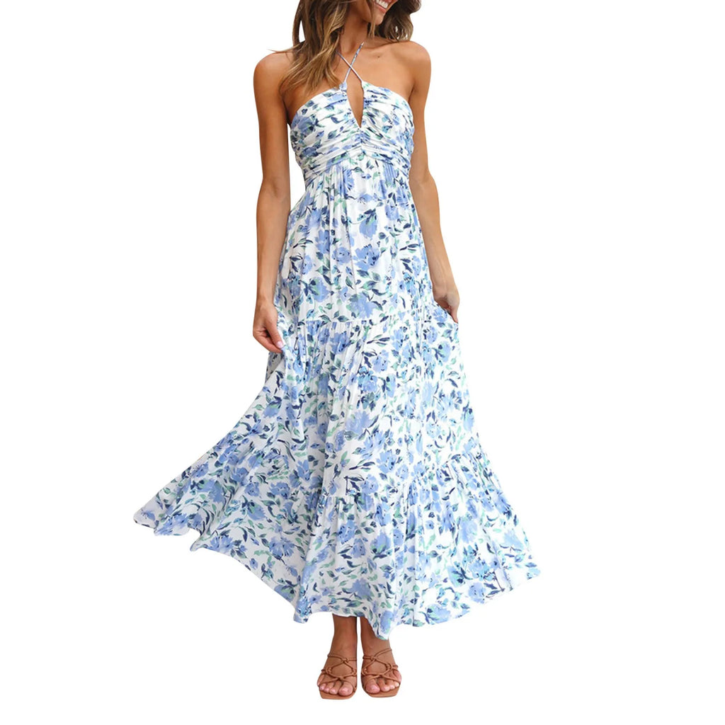 Summer Holiday Maxi Dress Women Spaghetti Strap V Neck Chic Sleeveless Floor Length Flowing Dresses Vacation Beach Long Dress