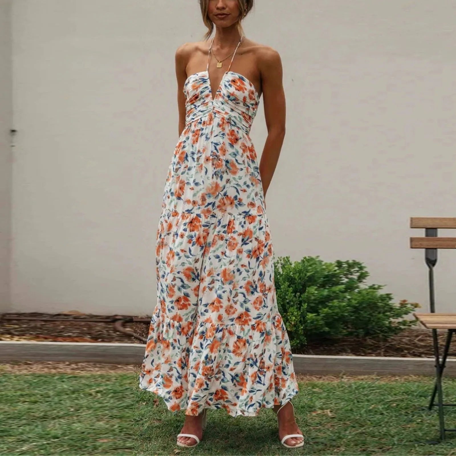 Summer Holiday Maxi Dress Women Spaghetti Strap V Neck Chic Sleeveless Floor Length Flowing Dresses Vacation Beach Long Dress