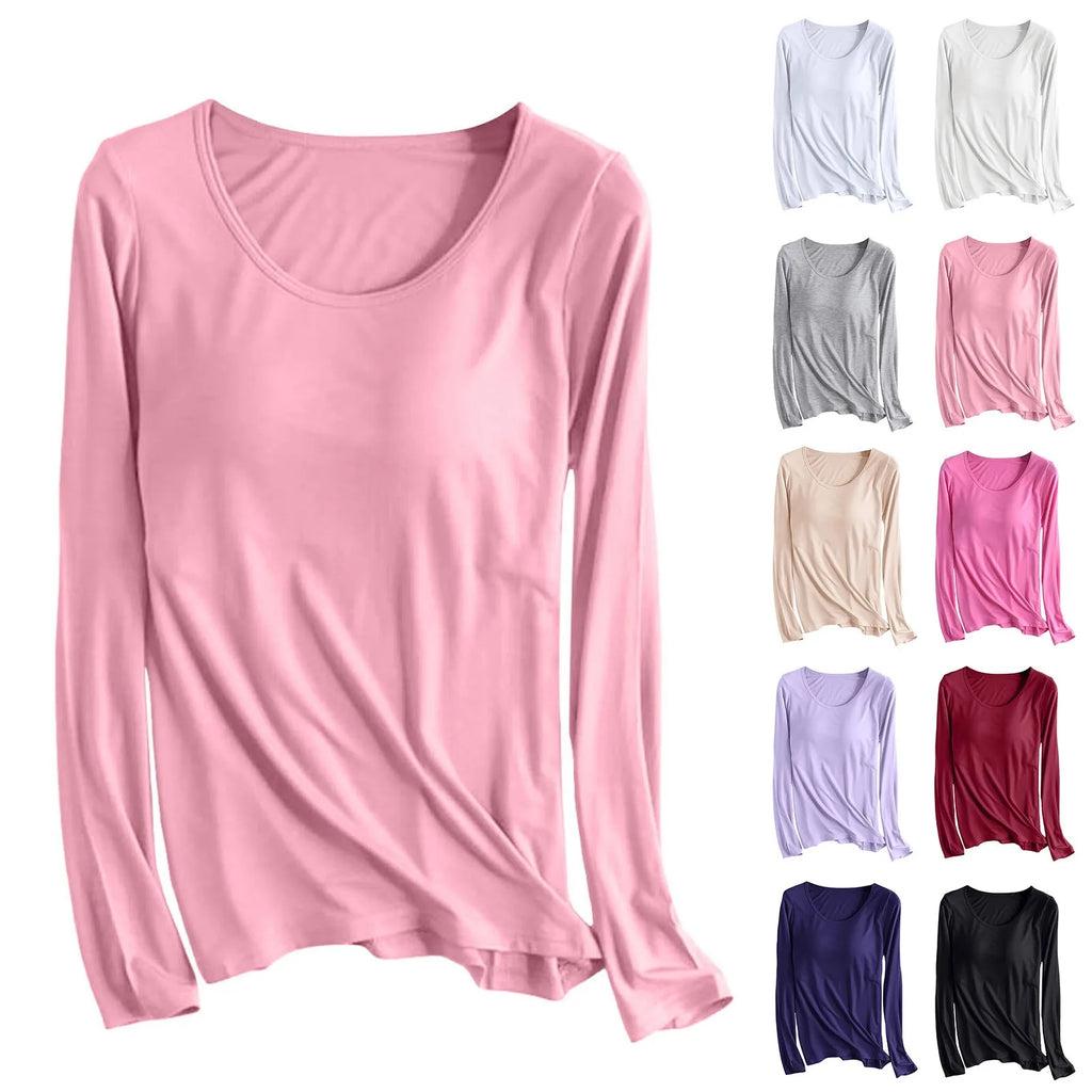 Women's Long Sleeve Bottoming T Shirt Yoga Pajama Top Chest Pad With Built In Bra Solid Color Cotton Long Sleeve Tee Shirts