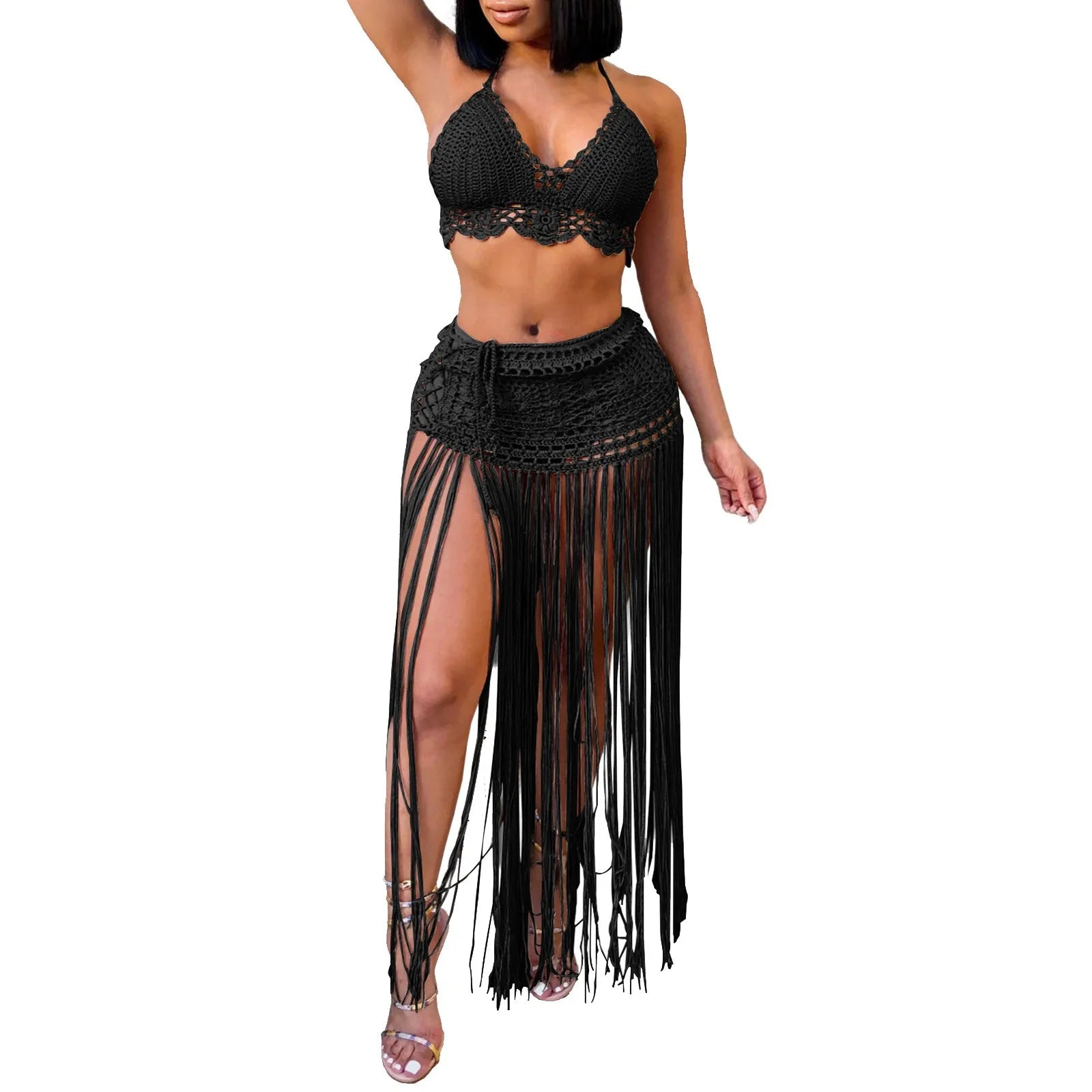 Women'S Two Piece Swimsuit Beach Cover Up Fashion Solid Colour Knitted High Waist Tassel Long Skirt Swimsuit Cover Up Bikini