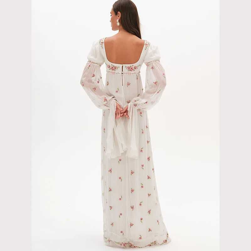 Cottagecore Floral Maxi Dress Women's Square Neck Long Puff Sleeve Empire Waist Chiffon Flowy Vintage Boho Wedding Guest Dress