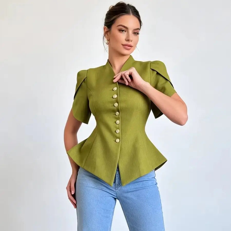 LIMO Peplum Blazer Top with V-Neck, Puff Sleeves and Decorative Buttons