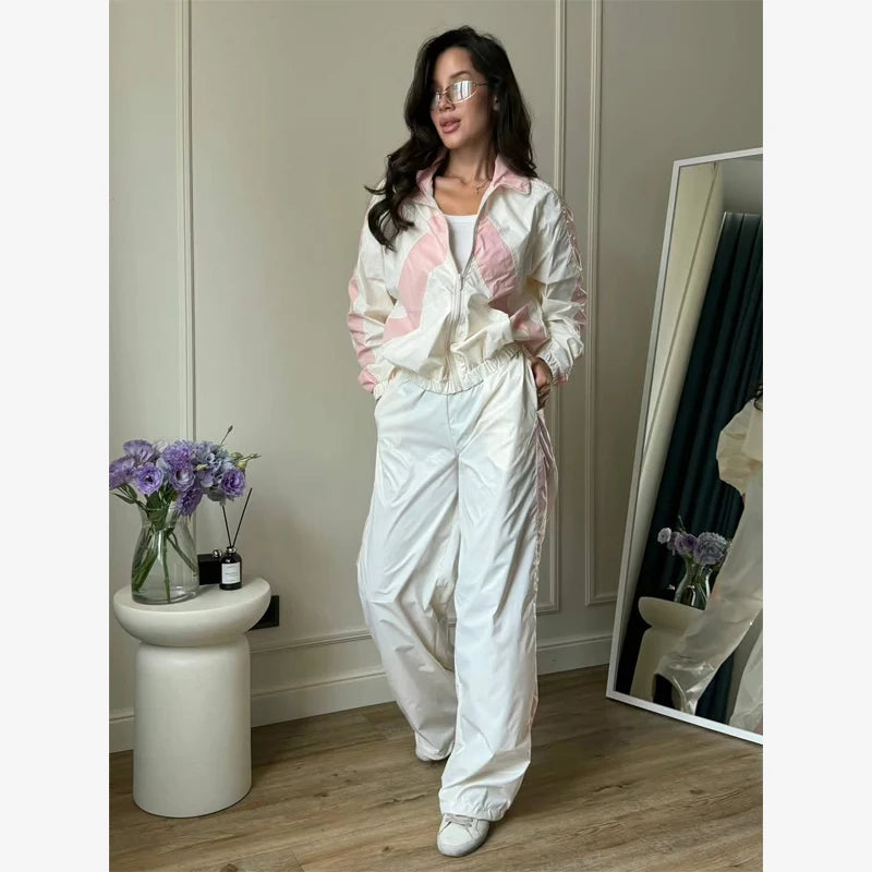 Women Nylon Panelled Lapel Long Sleeve Coats Shorts Sets  Street Zipper Ruched Loose Jacket Elastic Waist Shorts 2026 Chic Outfi