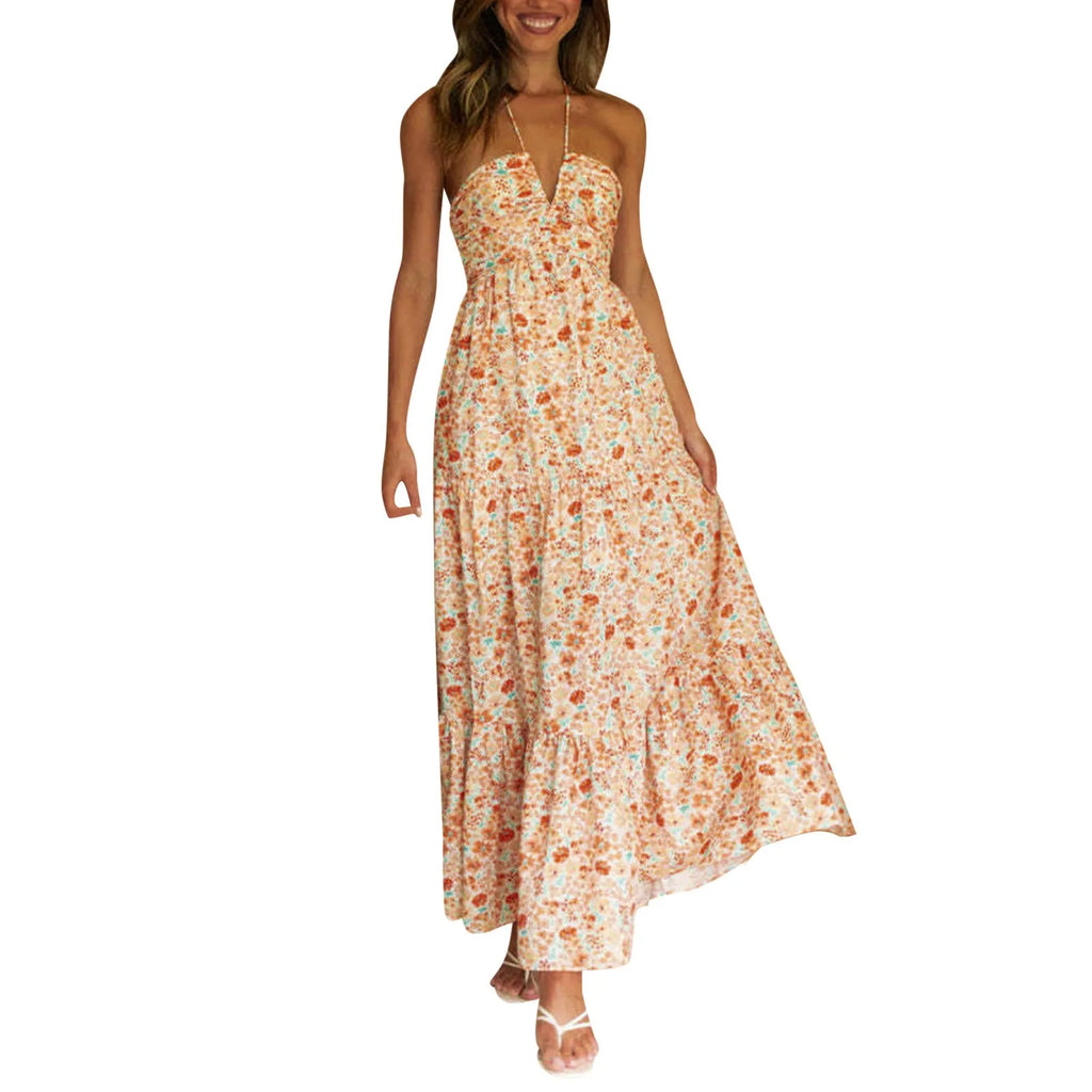 Summer Holiday Maxi Dress Women Spaghetti Strap V Neck Chic Sleeveless Floor Length Flowing Dresses Vacation Beach Long Dress