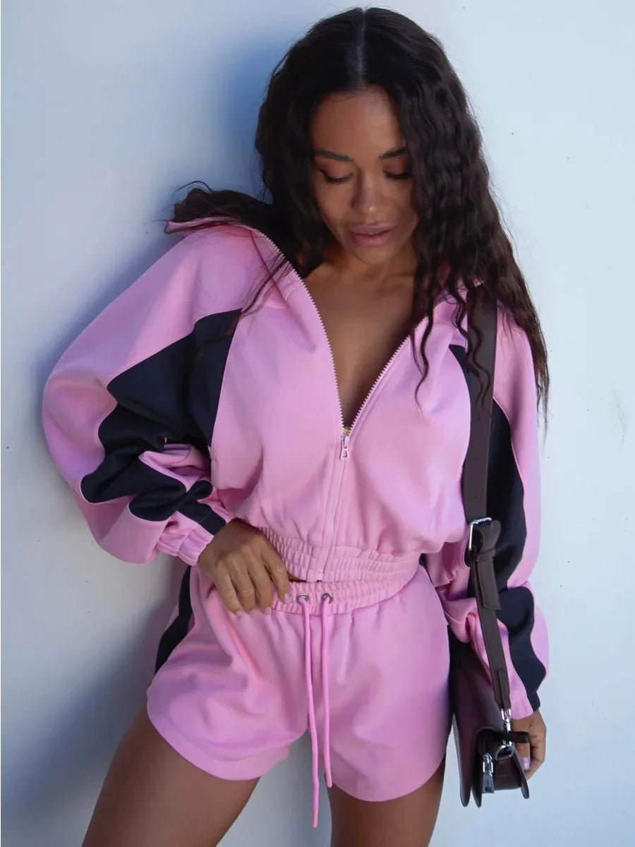 Women Nylon Panelled Lapel Long Sleeve Coats Shorts Sets  Street Zipper Ruched Loose Jacket Elastic Waist Shorts 2026 Chic Outfi