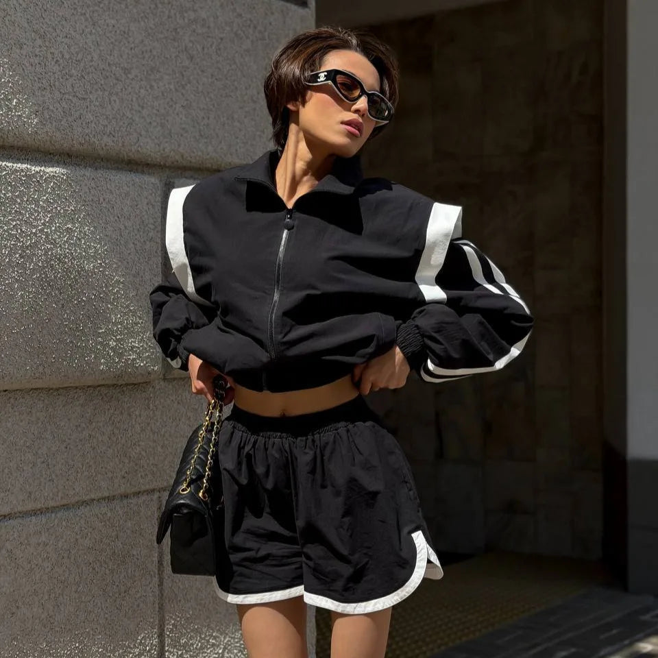 Women Nylon Panelled Lapel Long Sleeve Coats Shorts Sets  Street Zipper Ruched Loose Jacket Elastic Waist Shorts 2026 Chic Outfi