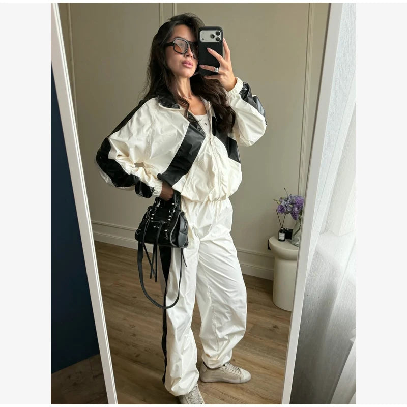 Women Nylon Panelled Lapel Long Sleeve Coats Shorts Sets  Street Zipper Ruched Loose Jacket Elastic Waist Shorts 2026 Chic Outfi