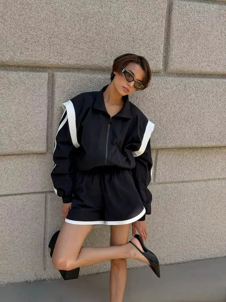 Women Nylon Panelled Lapel Long Sleeve Coats Shorts Sets  Street Zipper Ruched Loose Jacket Elastic Waist Shorts 2026 Chic Outfi