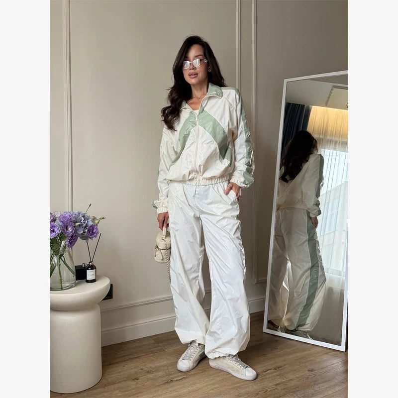 Women Nylon Panelled Lapel Long Sleeve Coats Shorts Sets  Street Zipper Ruched Loose Jacket Elastic Waist Shorts 2026 Chic Outfi