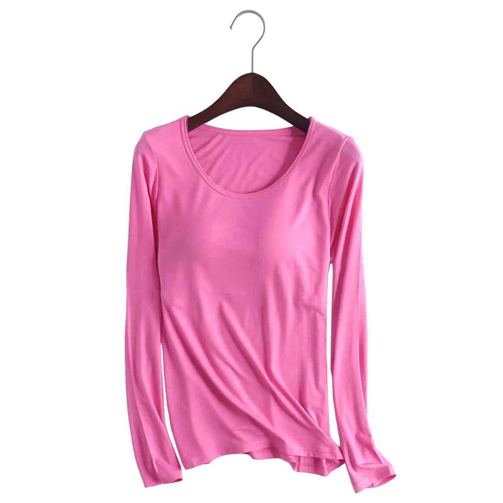 Women's Long Sleeve Bottoming T Shirt Yoga Pajama Top Chest Pad With Built In Bra Solid Color Cotton Long Sleeve Tee Shirts