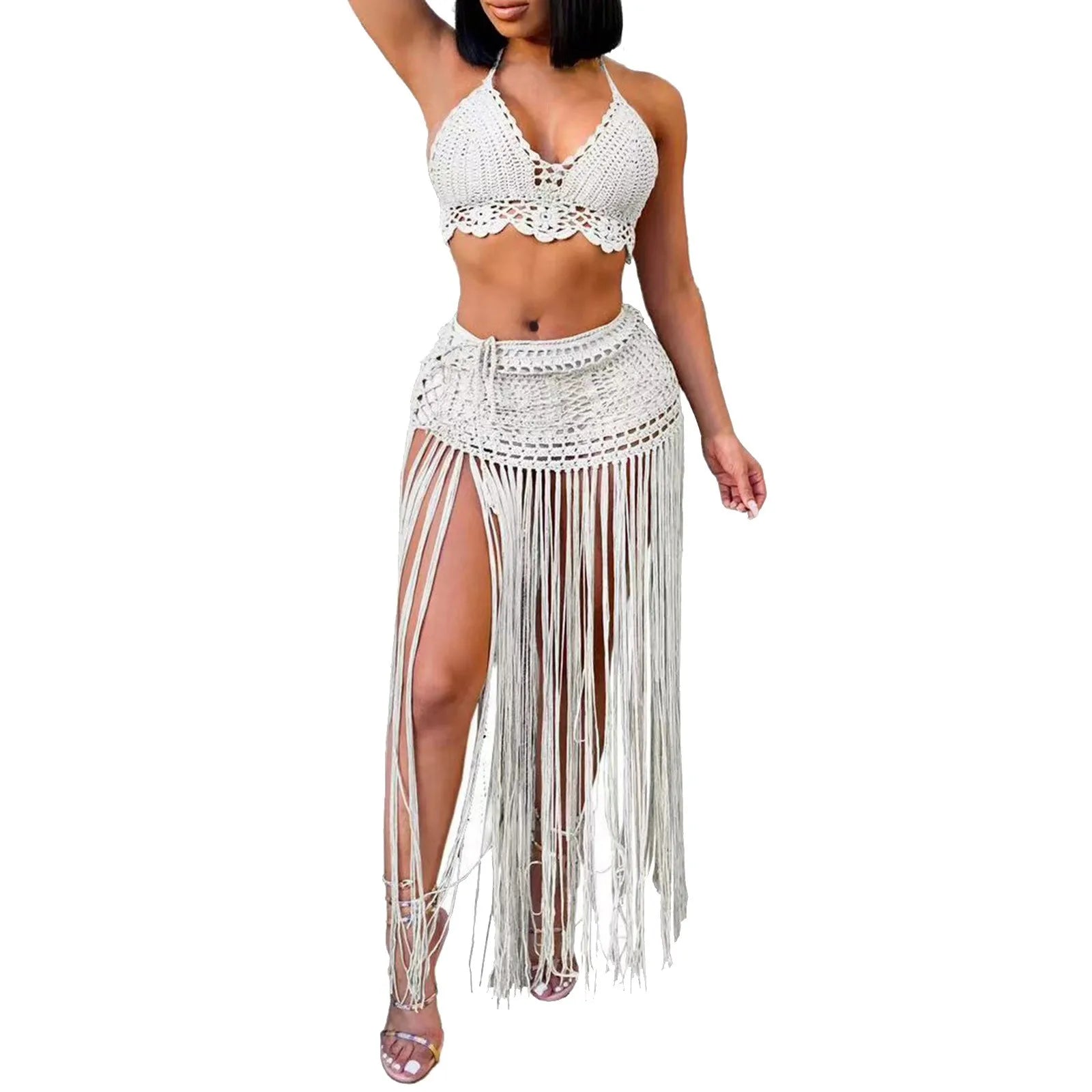 Women'S Two Piece Swimsuit Beach Cover Up Fashion Solid Colour Knitted High Waist Tassel Long Skirt Swimsuit Cover Up Bikini