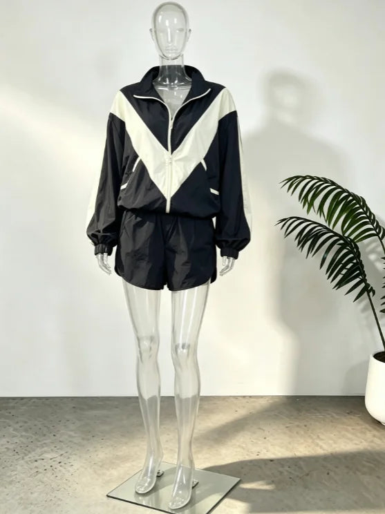 Women Nylon Panelled Lapel Long Sleeve Coats Shorts Sets  Street Zipper Ruched Loose Jacket Elastic Waist Shorts 2026 Chic Outfi